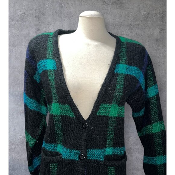 Vintage TJW By Mervyns Black & Green Plaid Knit Cardigan Sweater Size Large Pock - Picture 15 of 16